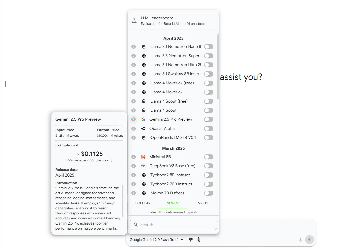 aiToggler interface showing model selection