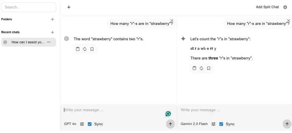 Comparison of AI model answers in aiToggler's split chat view.